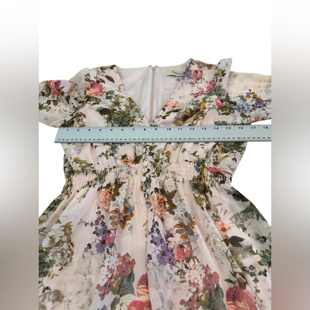 Taylor Floral Chiffon V Neck Mini Dress Size 4 Romantic Cottagecore Boho - Picture 7 of 12